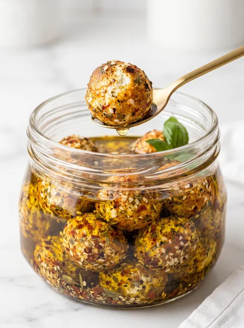 A jar of feta cheese balls in a jar.