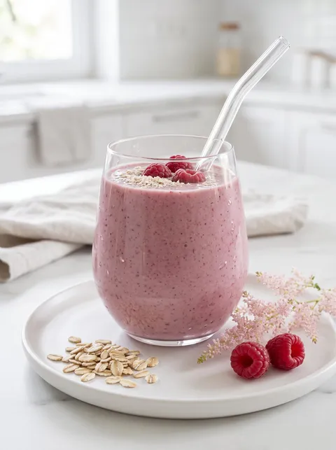 A glass of smoothie with raspberries and flax seeds.