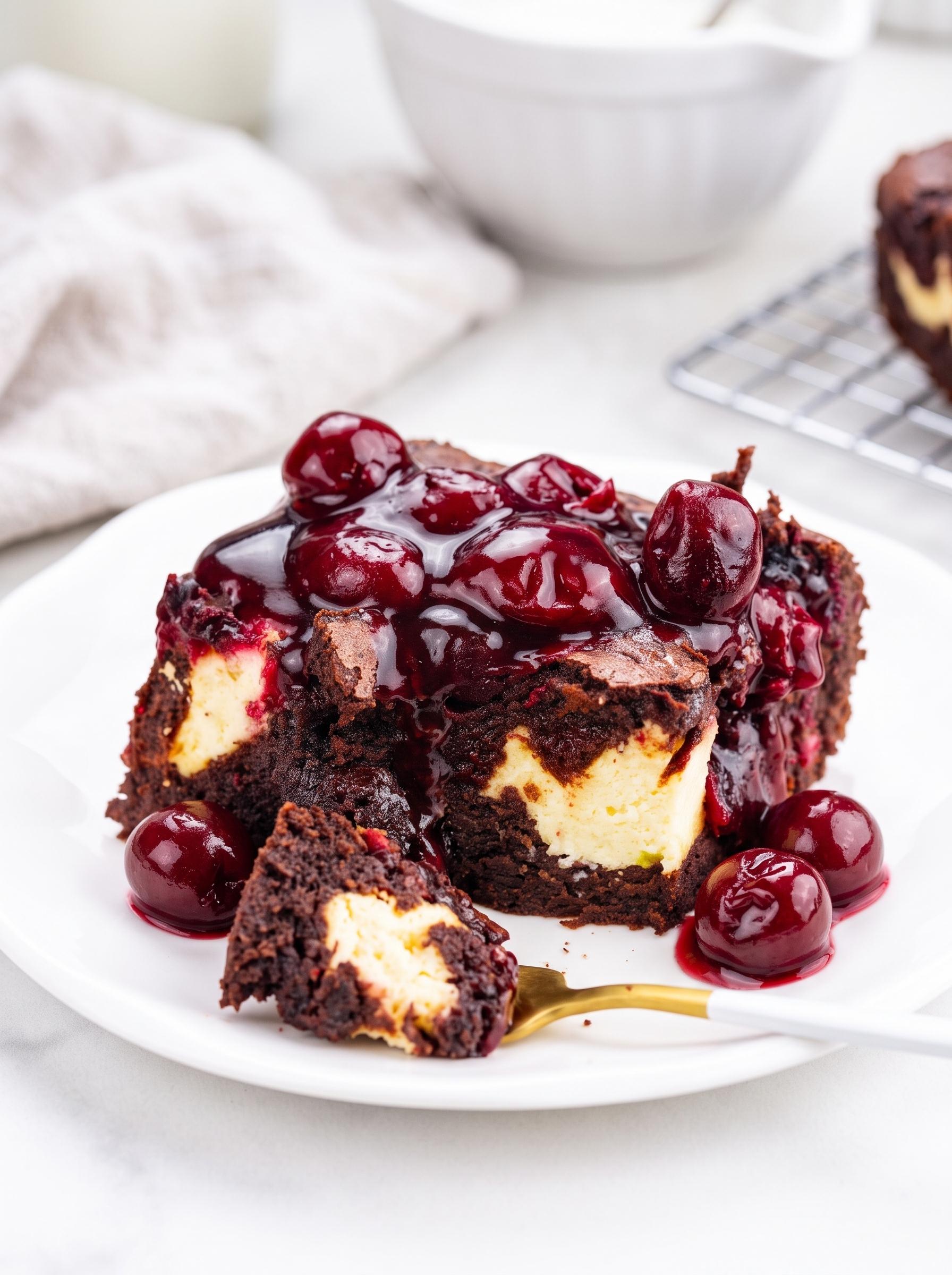 A slice of chocolate cake with cherries on top.