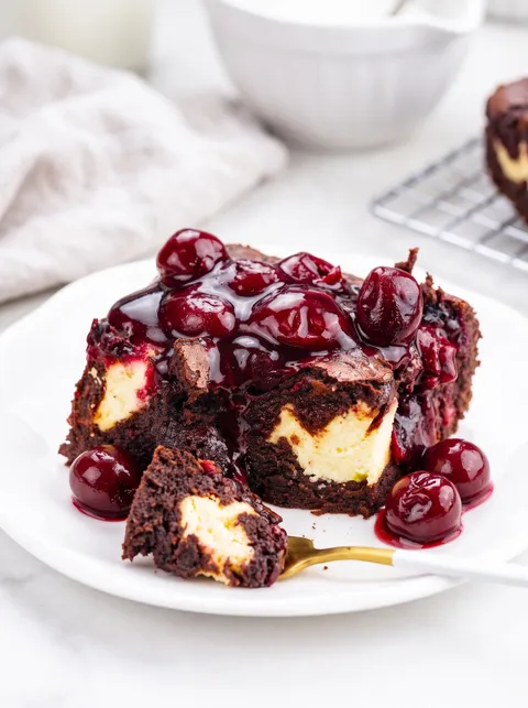 A slice of chocolate cake with cherries on top.