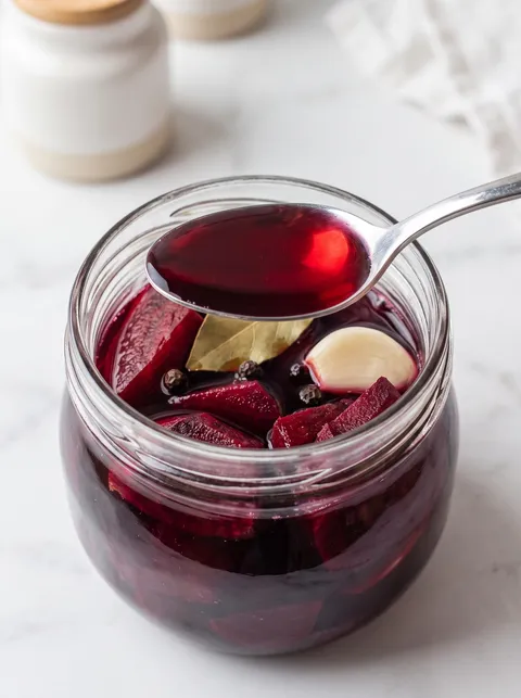 A jar of red liquid with a spoon in it.