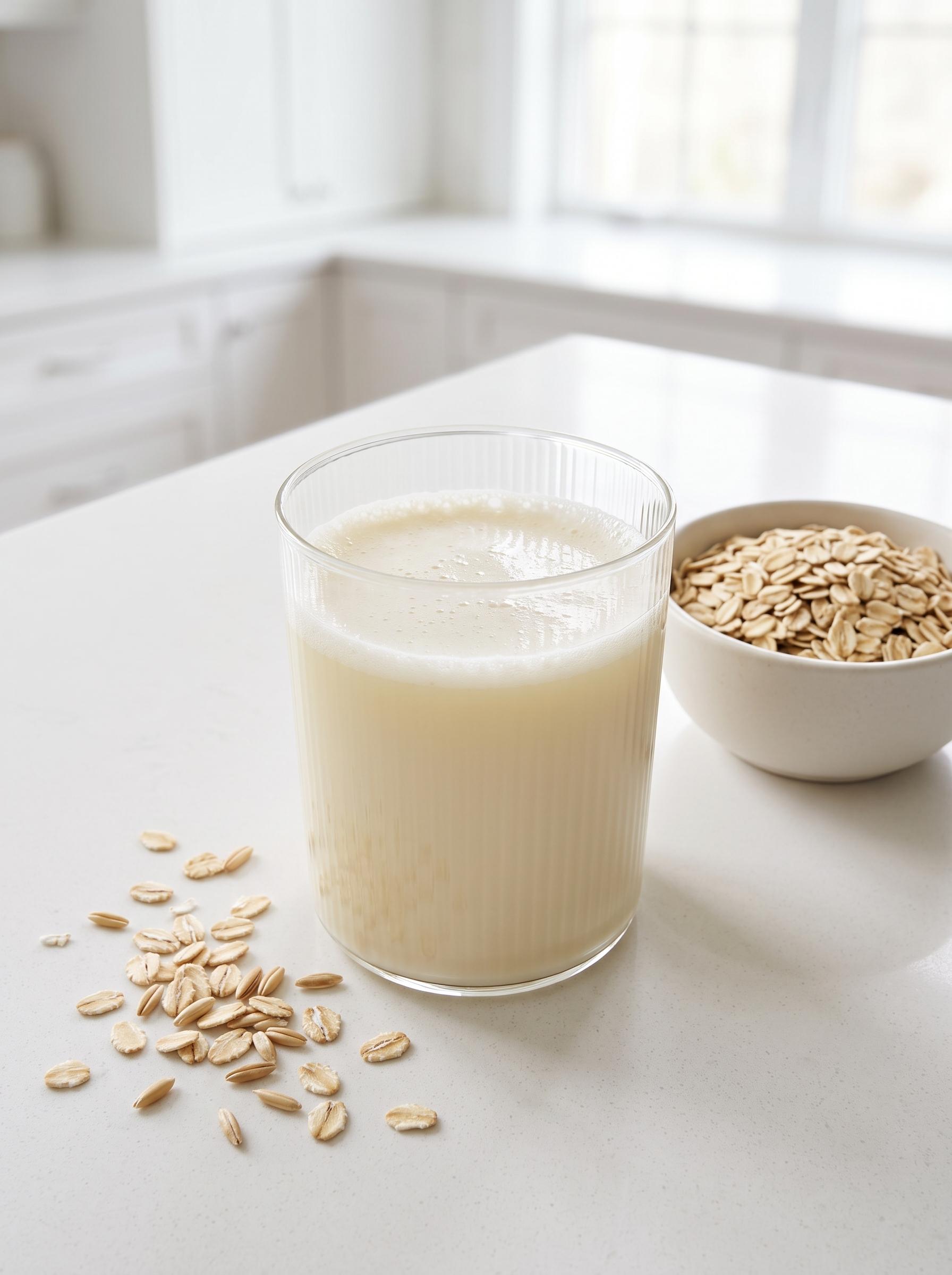A glass of milk sits next to a bowl of oats.