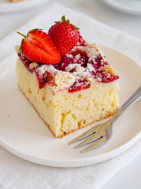 A slice of cake with strawberries on top.