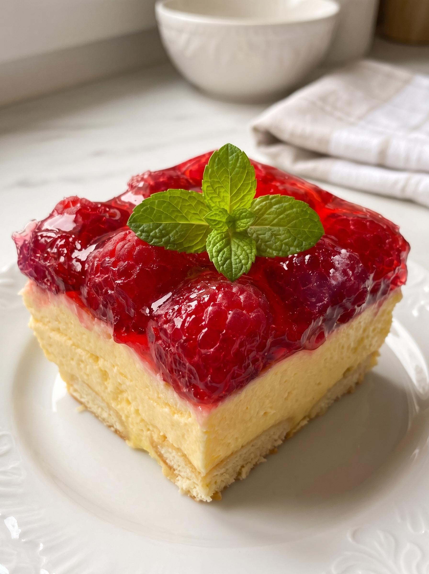 A slice of cake with raspberries and mint.