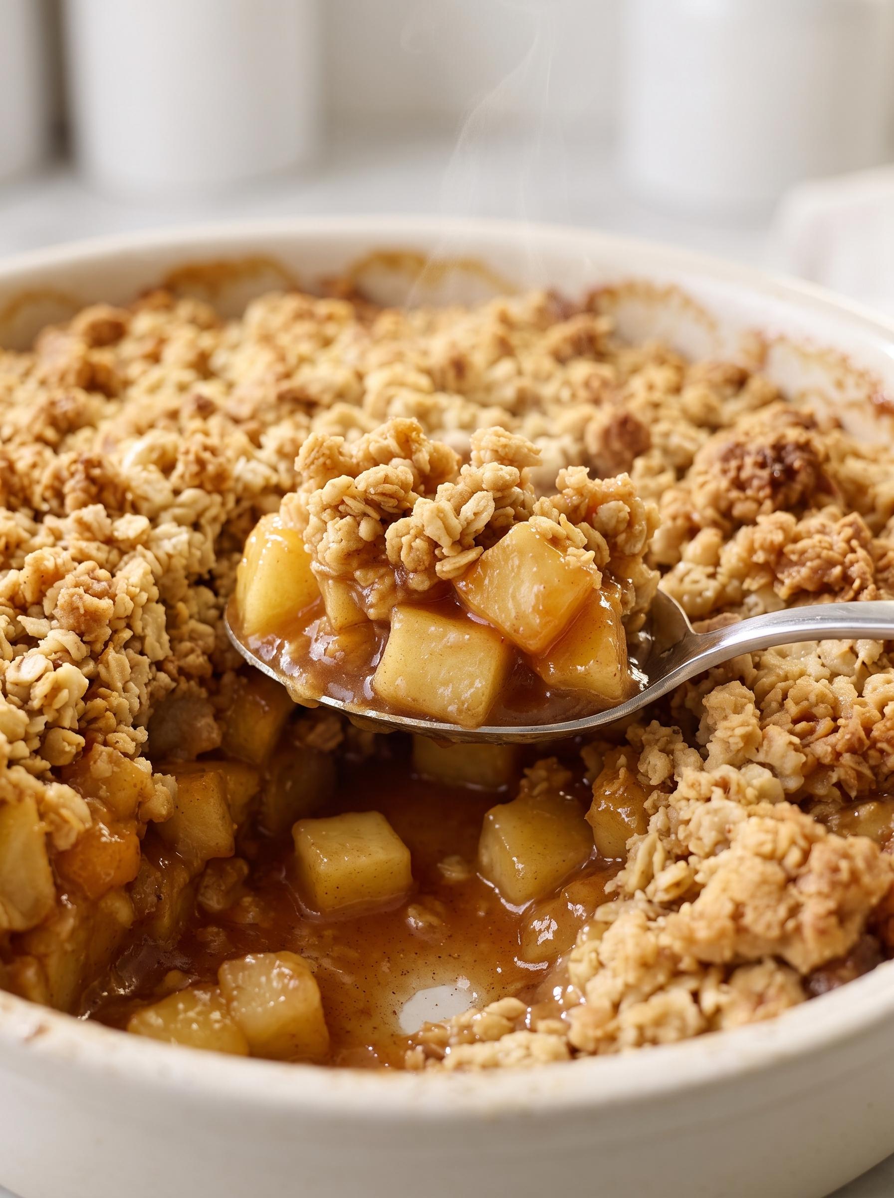 A spoon is in a bowl of crumble jabłkowe.