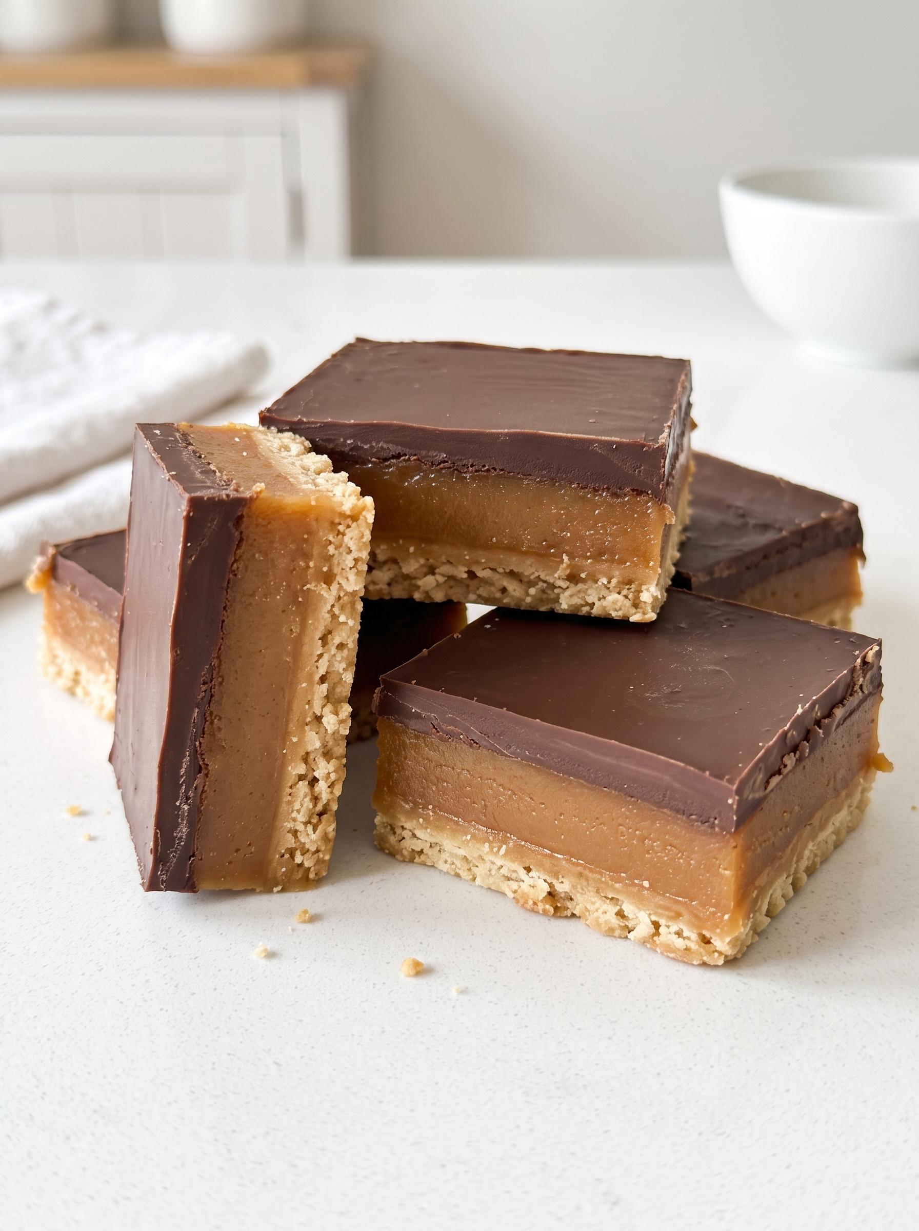A stack of chocolate and caramel bars.