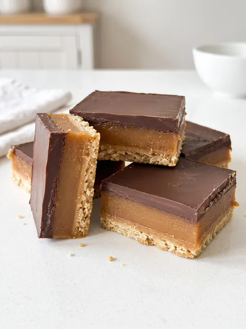 A stack of chocolate and caramel bars.