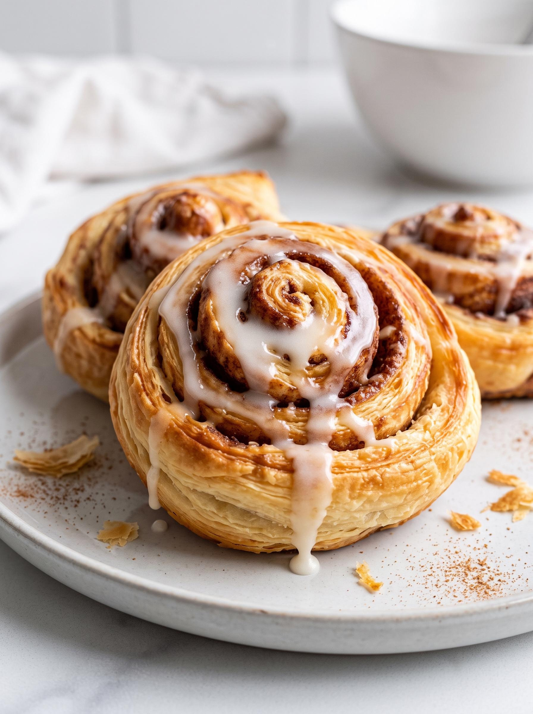 Two pastries with icing and cinnamon.