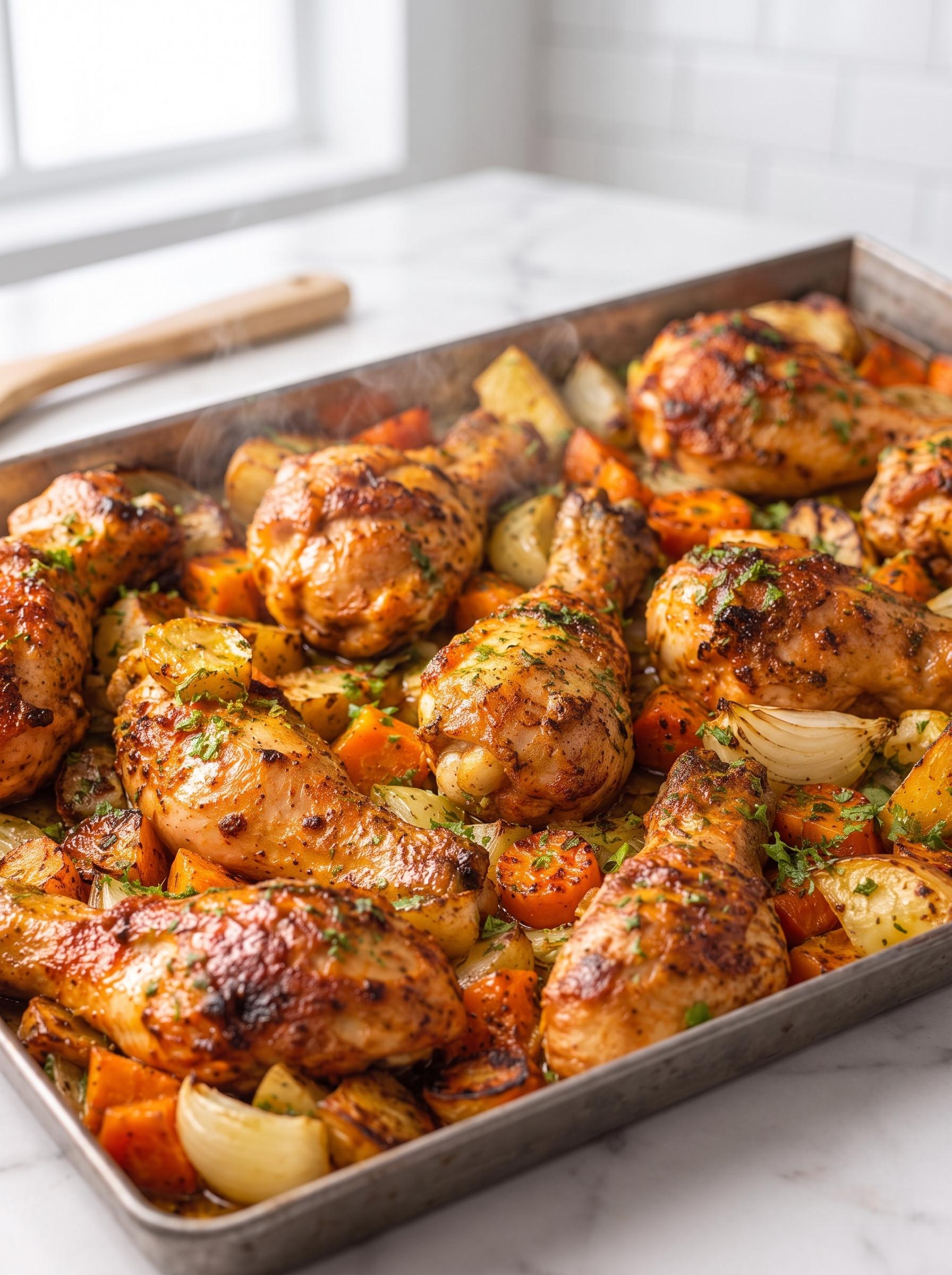 A pan of chicken with vegetables.