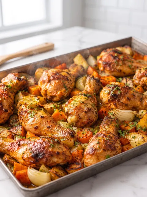 A pan of chicken with vegetables.