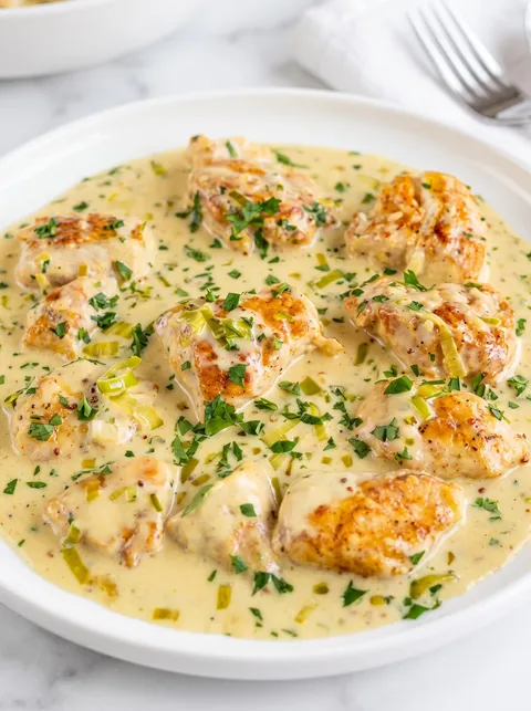 A plate of chicken with a creamy sauce.