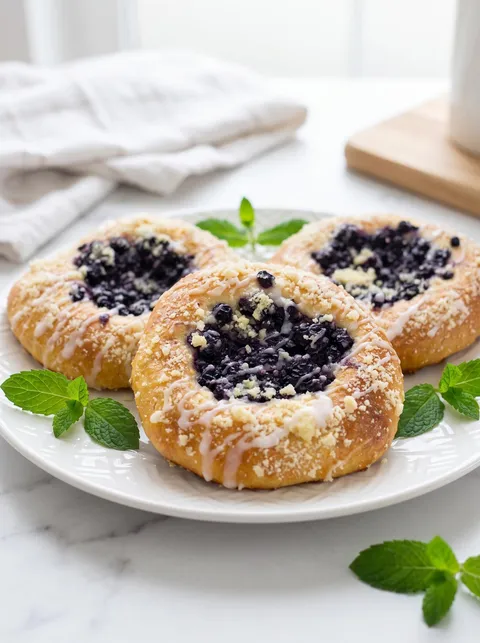 Two blueberry filled pastries on a plate.
