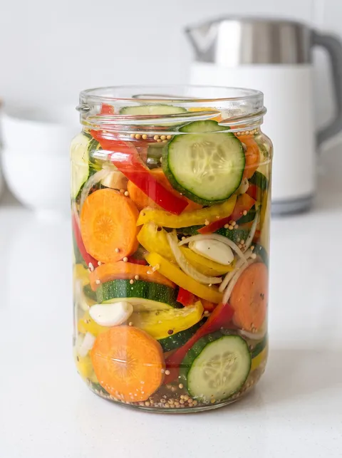 A jar of vegetables including cucumbers, carrots, and peppers.