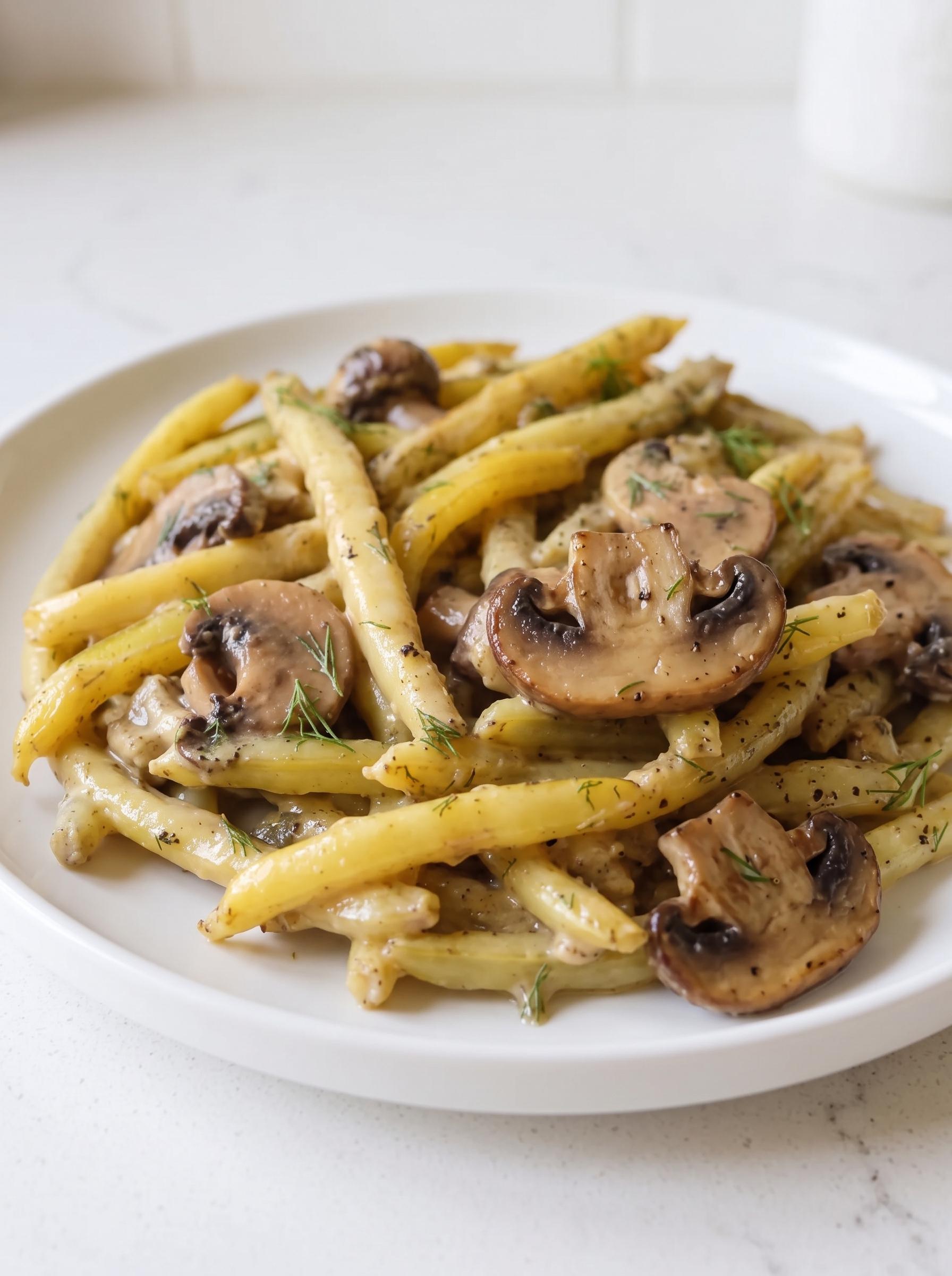 A plate of pasta with mushrooms and green beans.