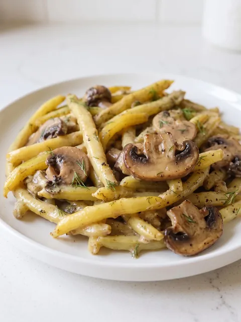 A plate of pasta with mushrooms and green beans.
