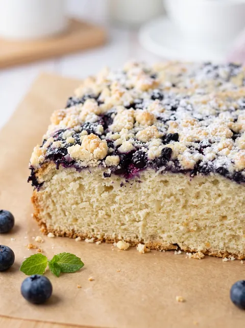A slice of cake with blueberries and powdered sugar.