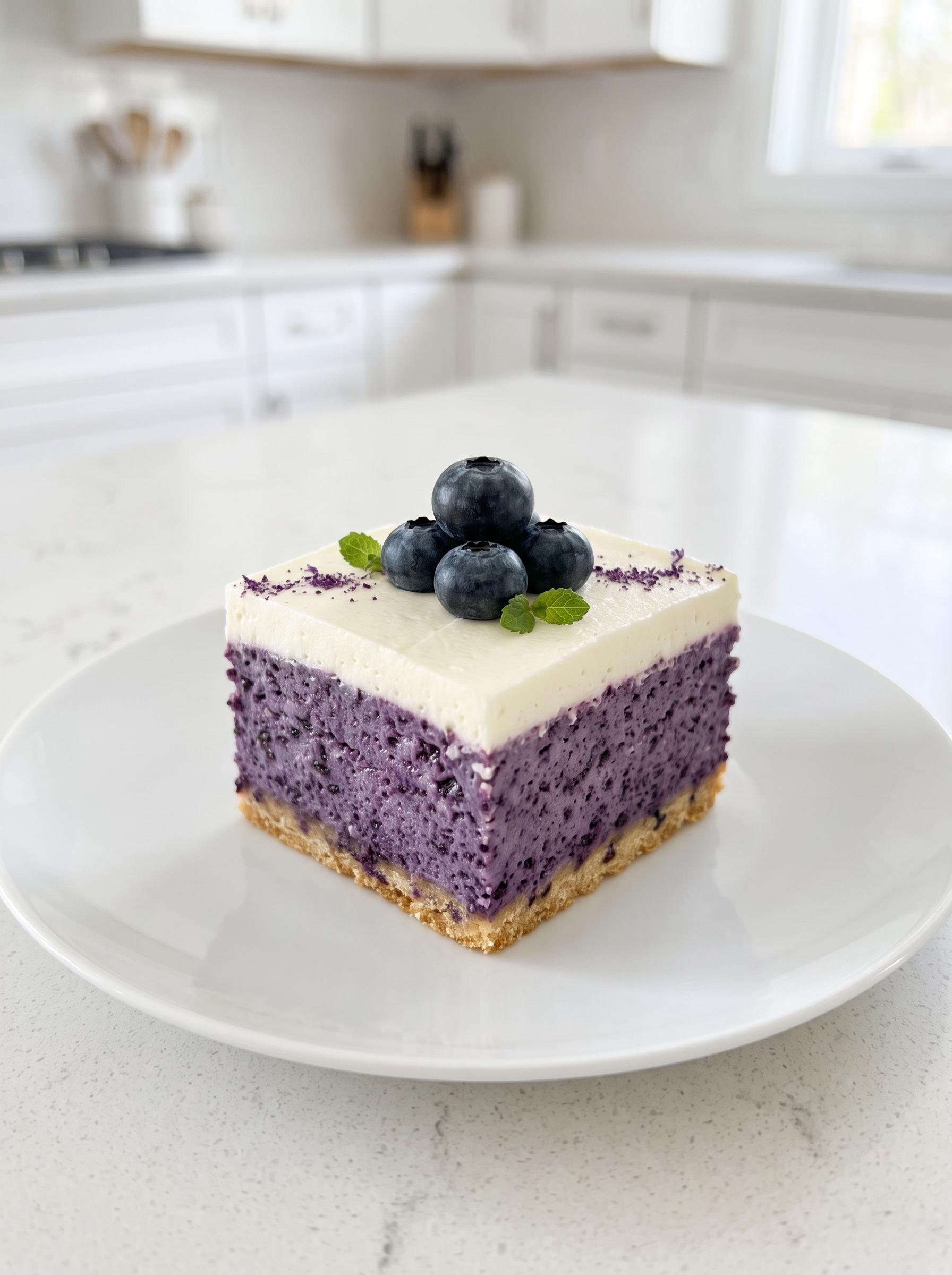 A slice of blueberry cheesecake on a white plate.
