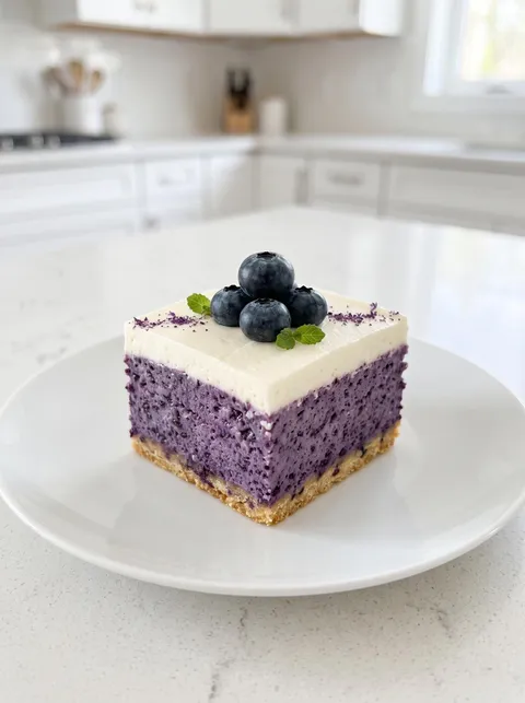 A slice of blueberry cheesecake on a white plate.