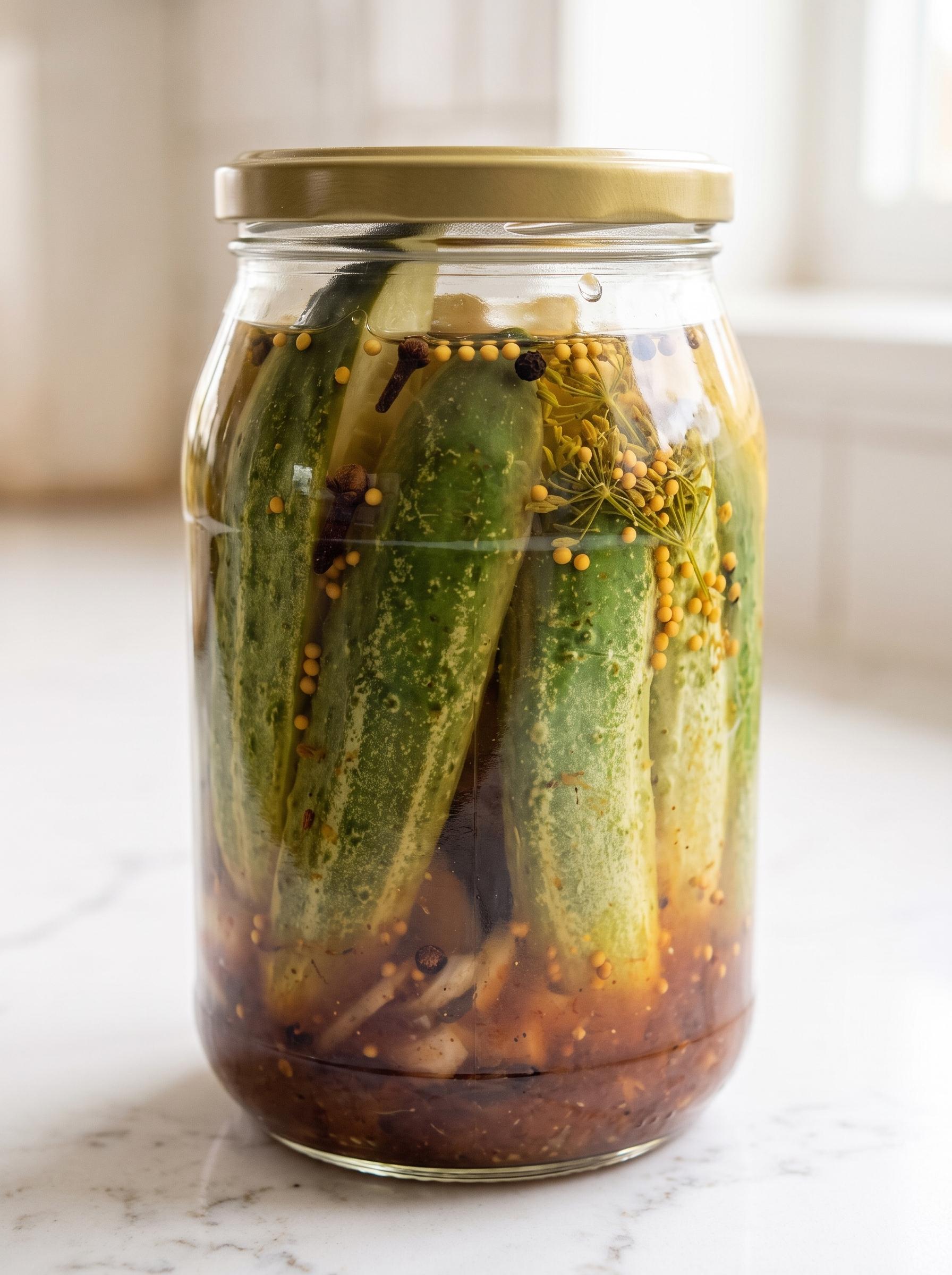 A jar of pickles with a yellow lid.