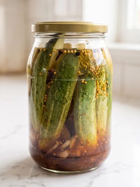 A jar of pickles with a yellow lid.