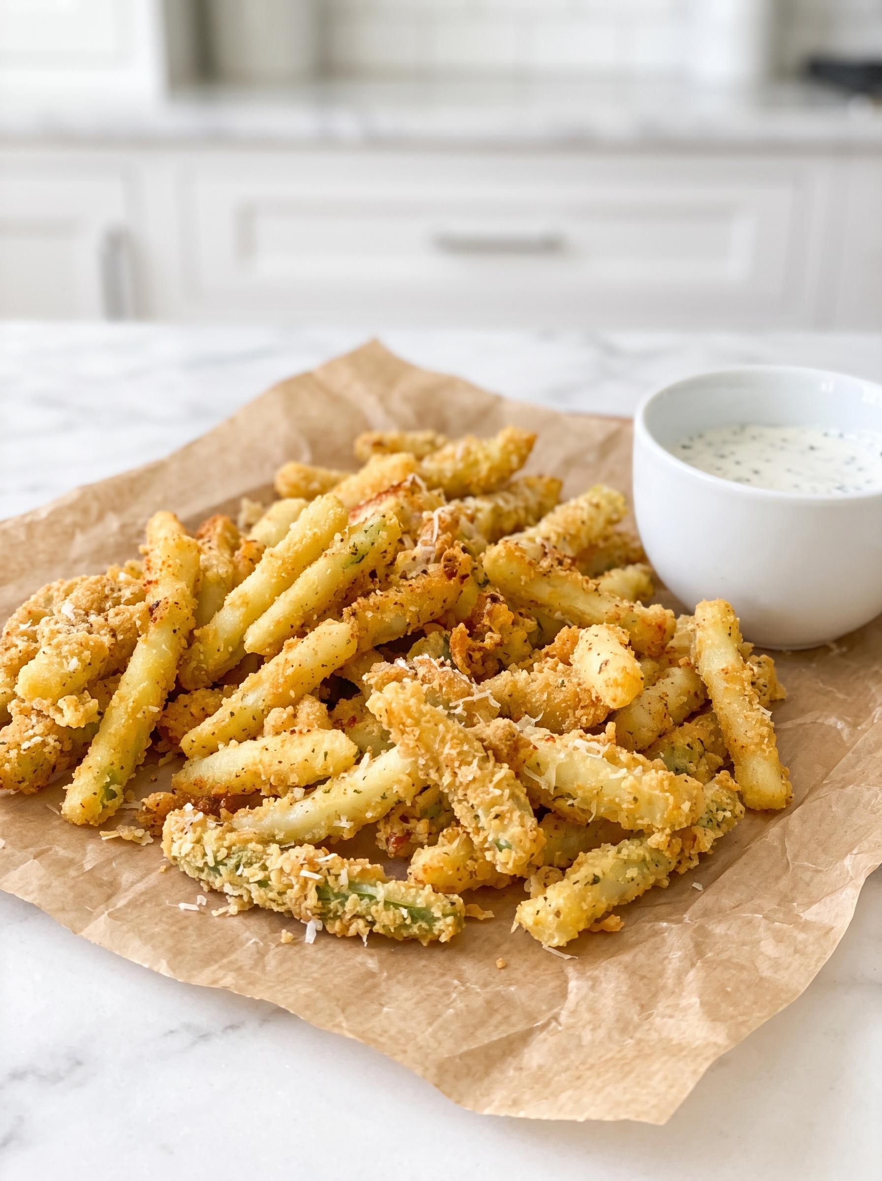 A plate of fried vegetables with a bowl of dipping sauce.