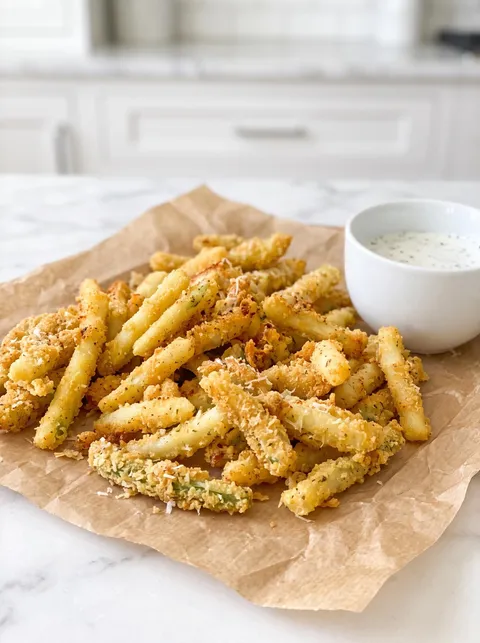 A plate of fried vegetables with a bowl of dipping sauce.