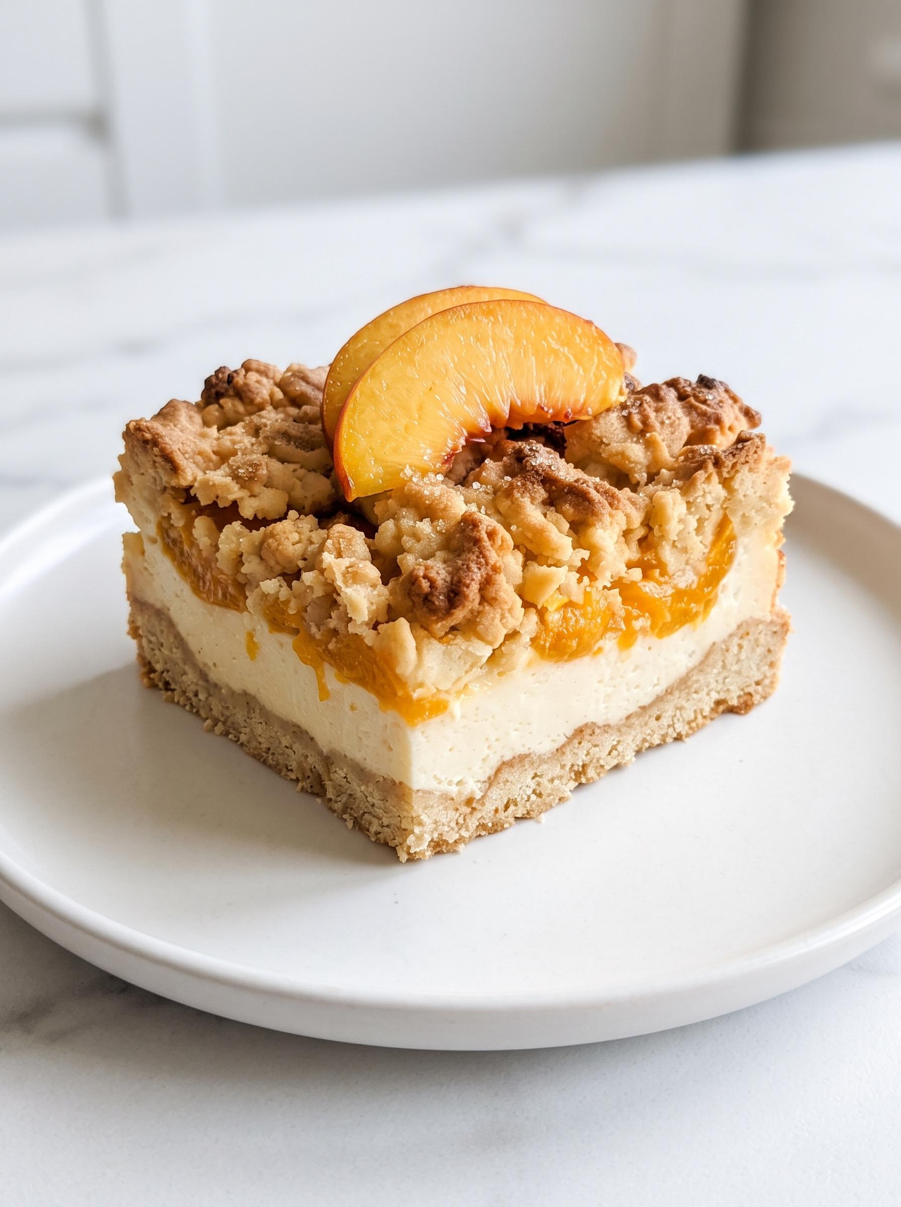 A slice of cake with a peach on top.