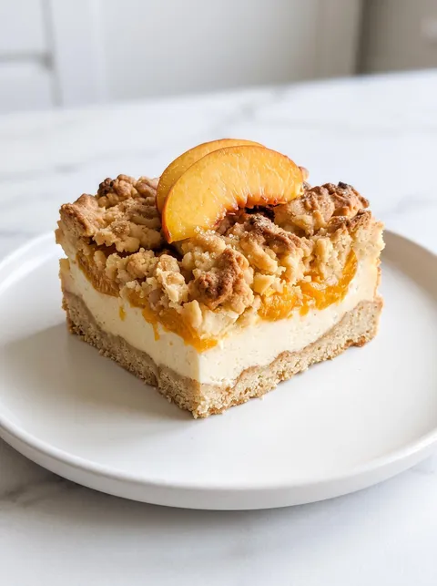 A slice of cake with a peach on top.