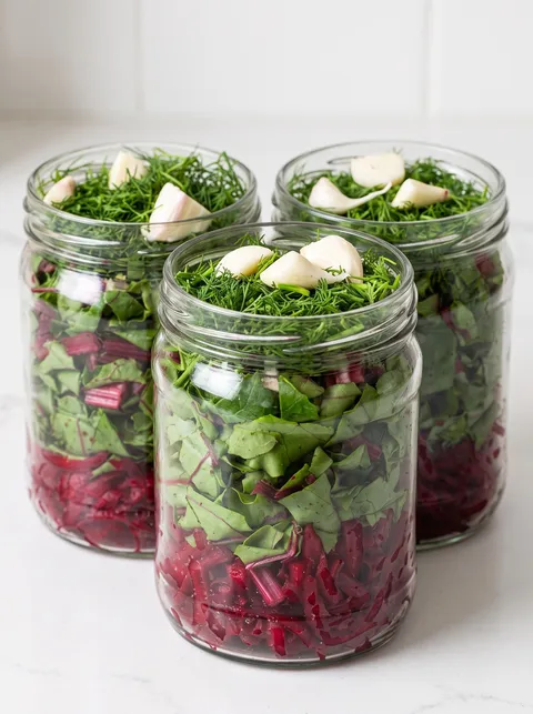 Three jars filled with vegetables.