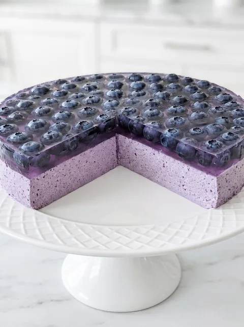 A slice of blueberry cheesecake on a plate.