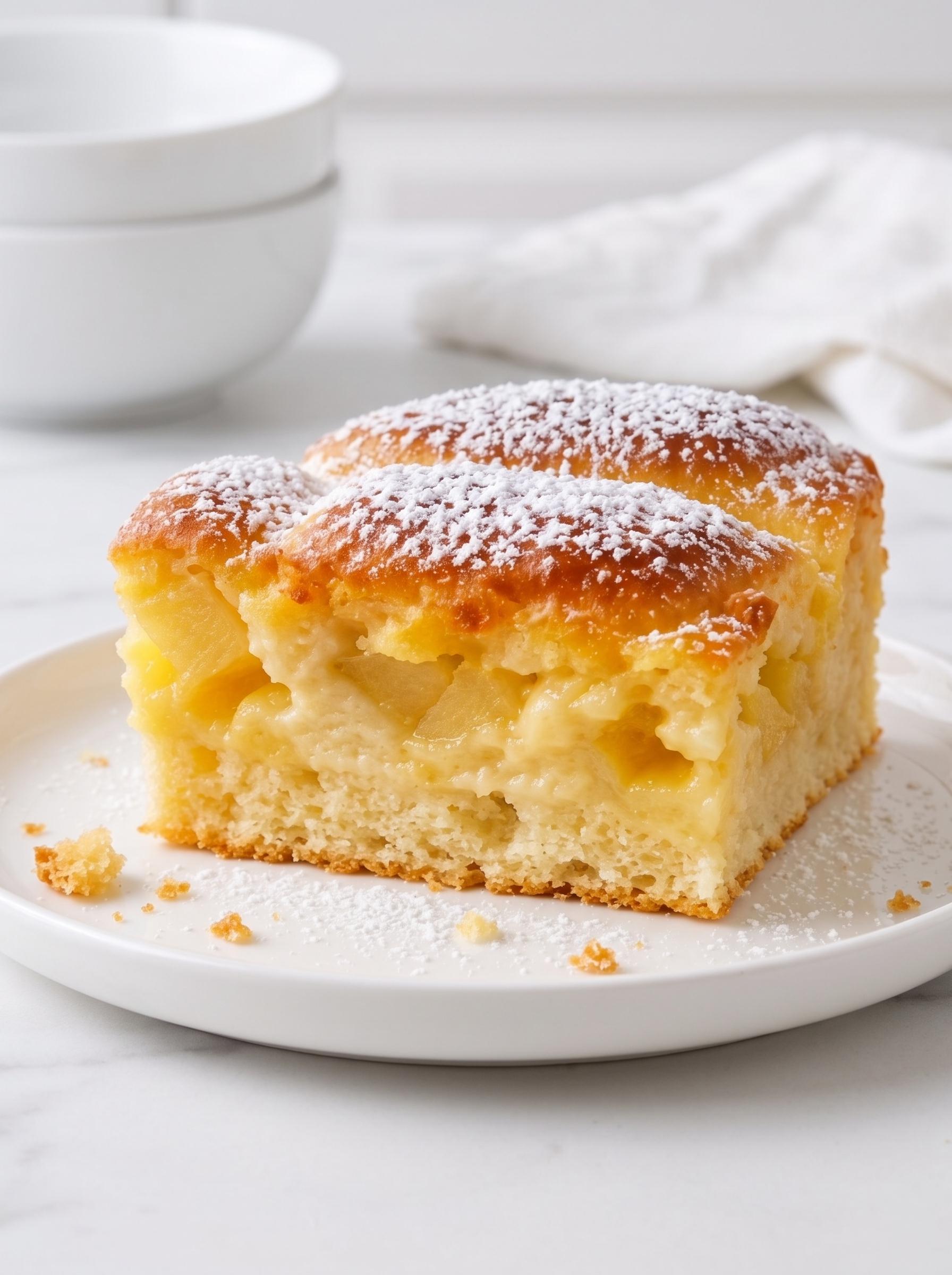 A slice of apple pie with powdered sugar on top.