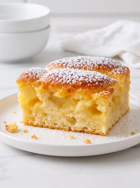 A slice of apple pie with powdered sugar on top.