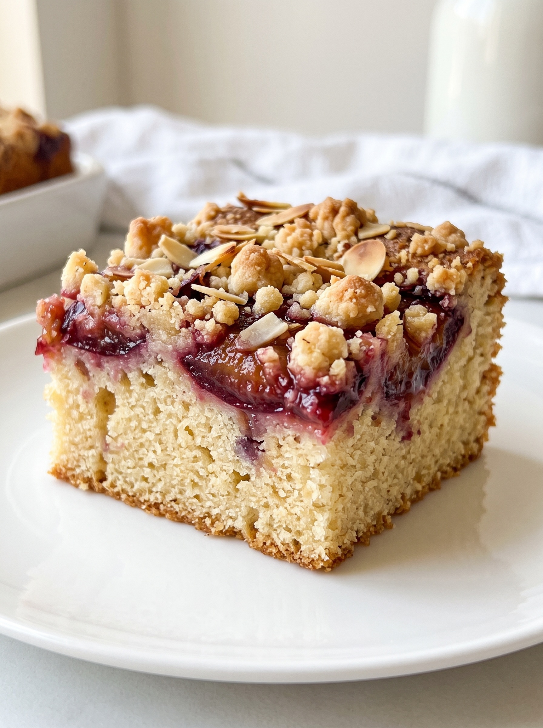 A slice of cake with nuts on top.