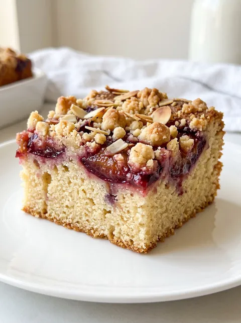 A slice of cake with nuts on top.