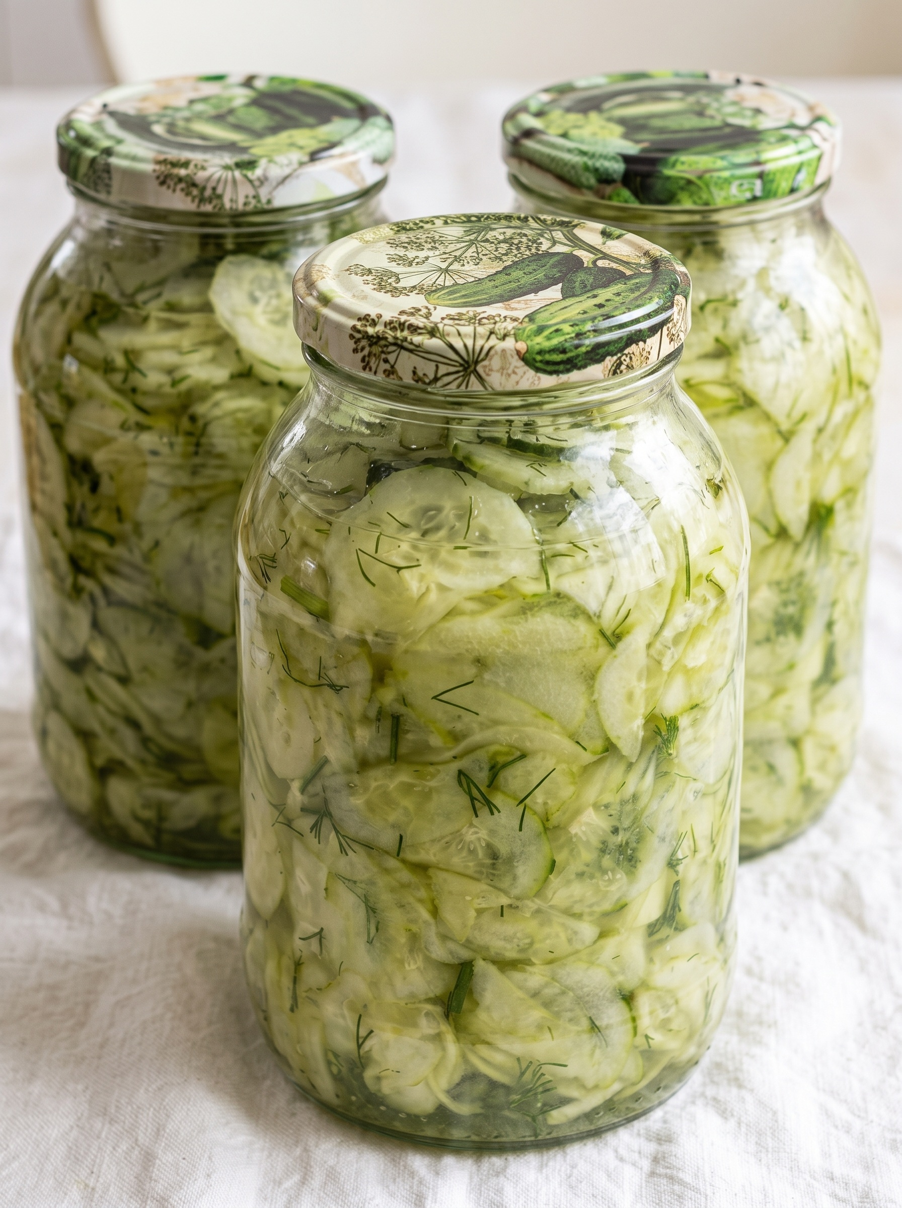 Three jars of pickled cucumbers.