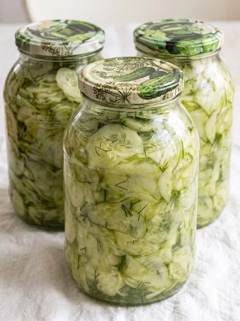 Three jars of pickled cucumbers.