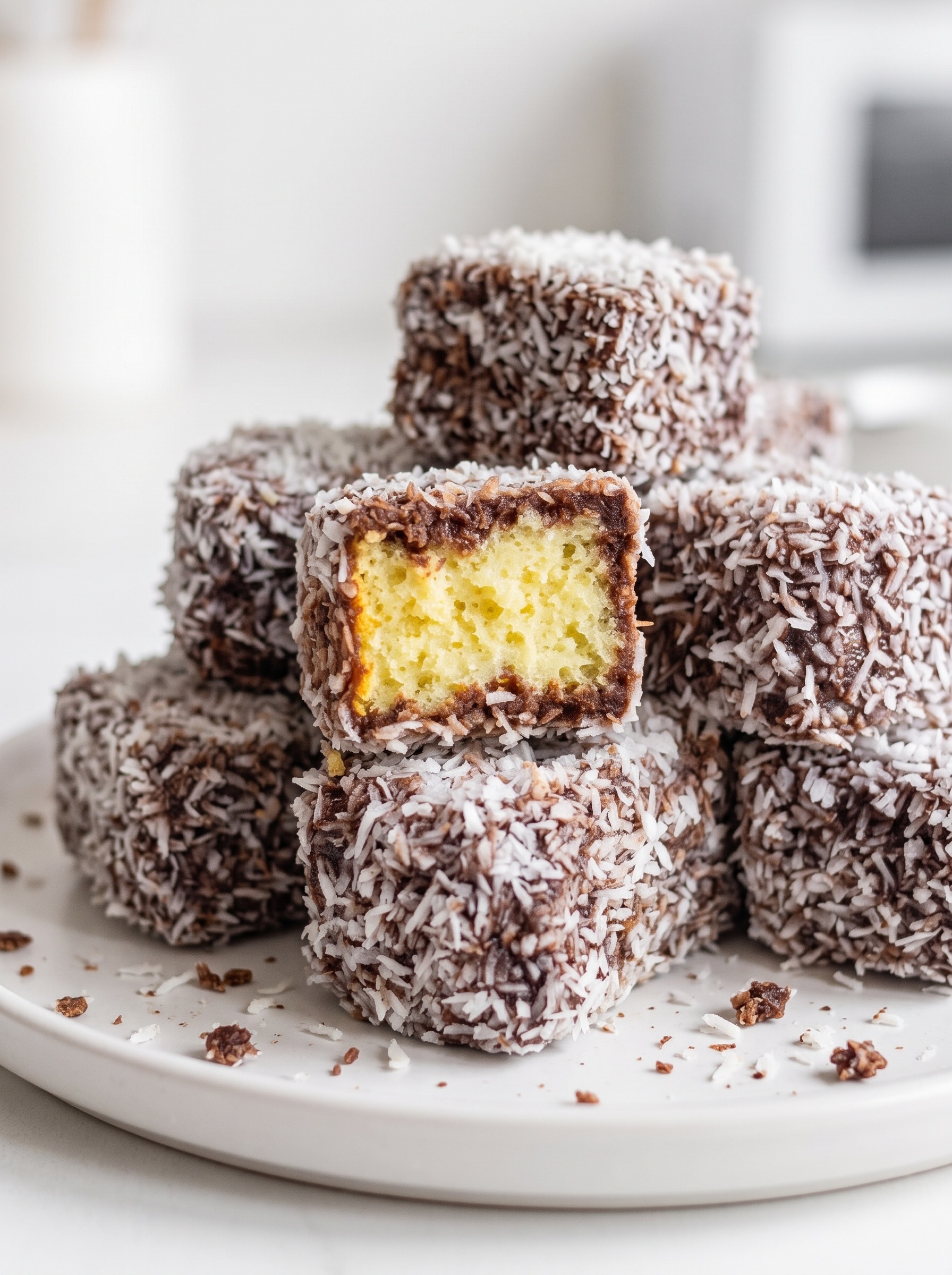 A plate of coconut covered cake.