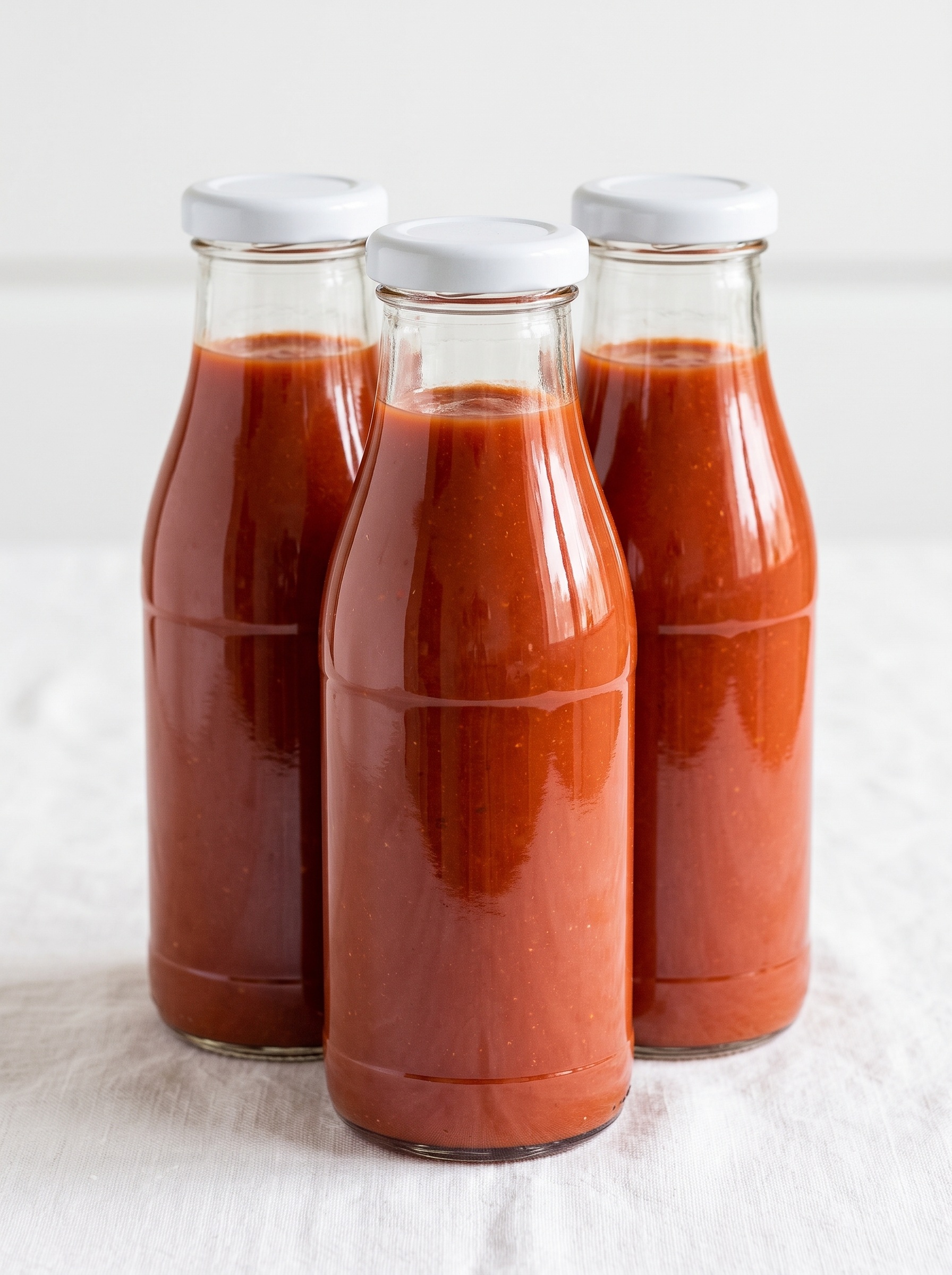 Three bottles of ketchup on a table.