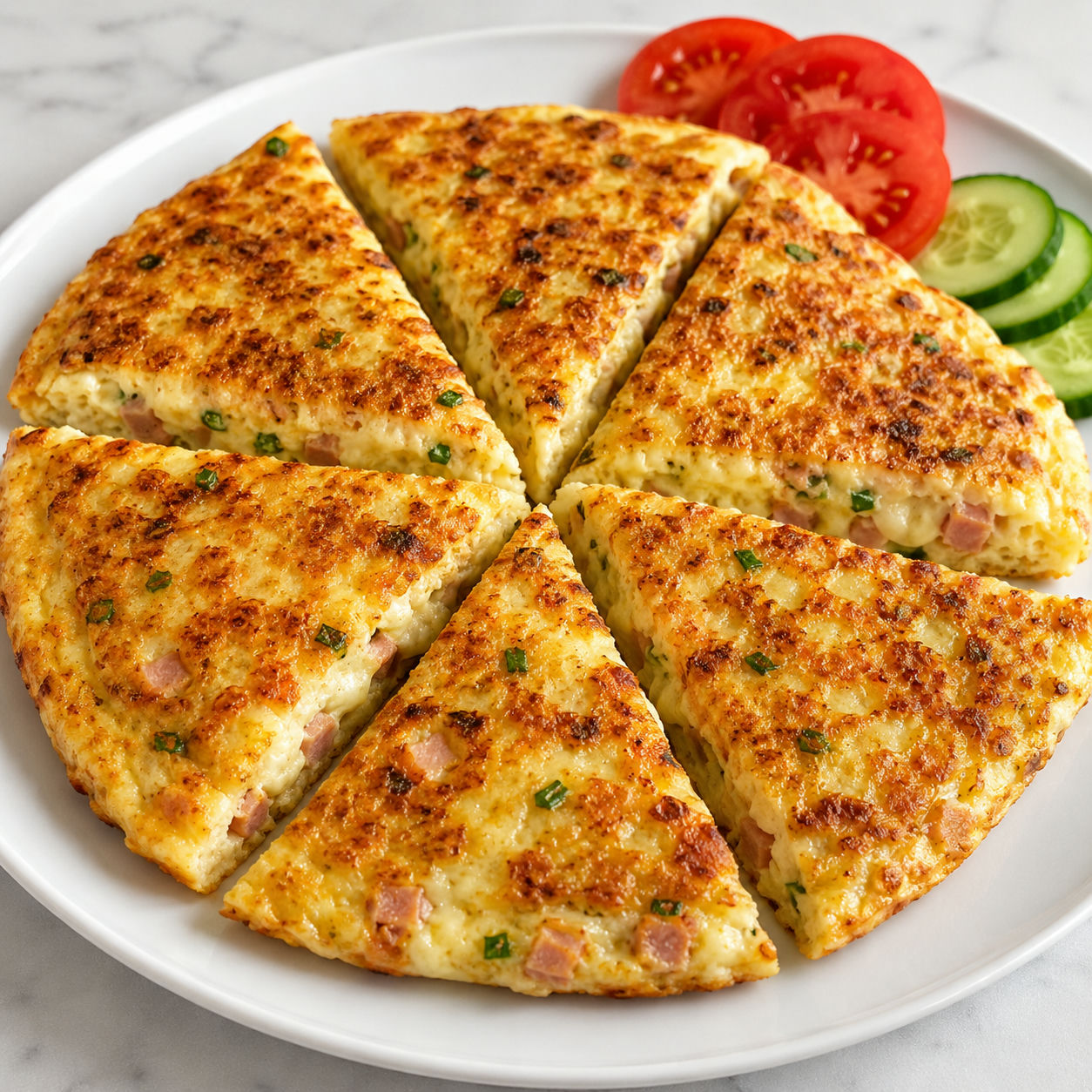 Breadless cottage cheese toasts with chives, ham, tomatoes, and cucumber