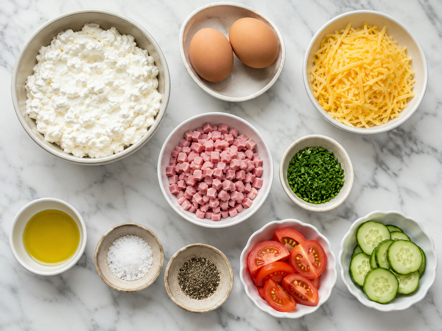 Ingredients for breadless cottage cheese toasts with eggs, cheese, ham, and chives