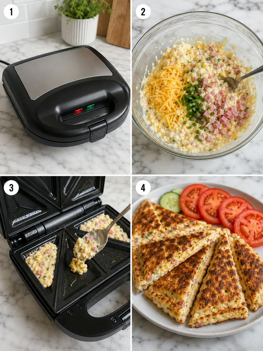 Four steps for making breadless cottage cheese toasts in a sandwich press