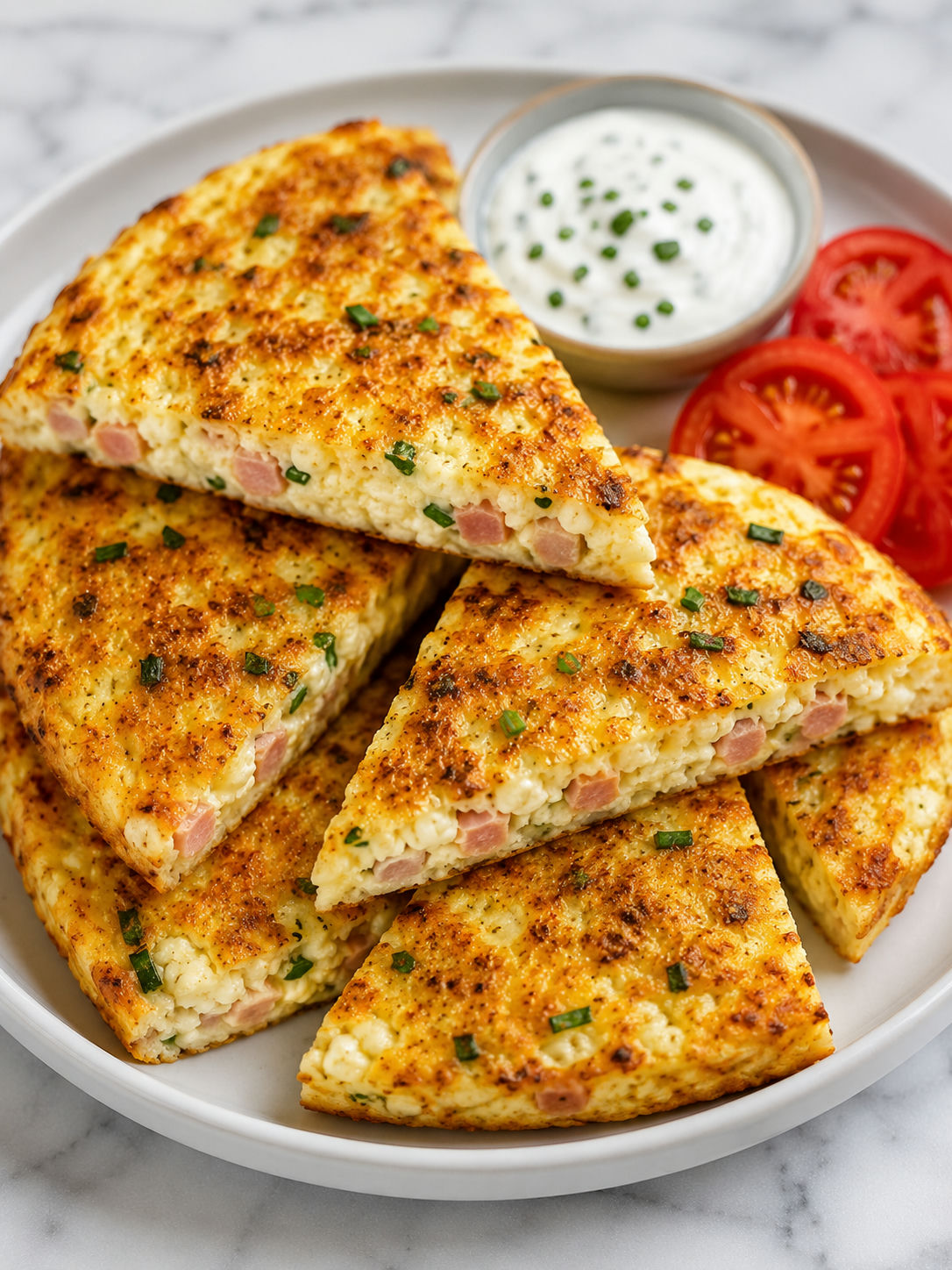 Golden breadless cottage cheese toasts with chives, ham, and yogurt sauce