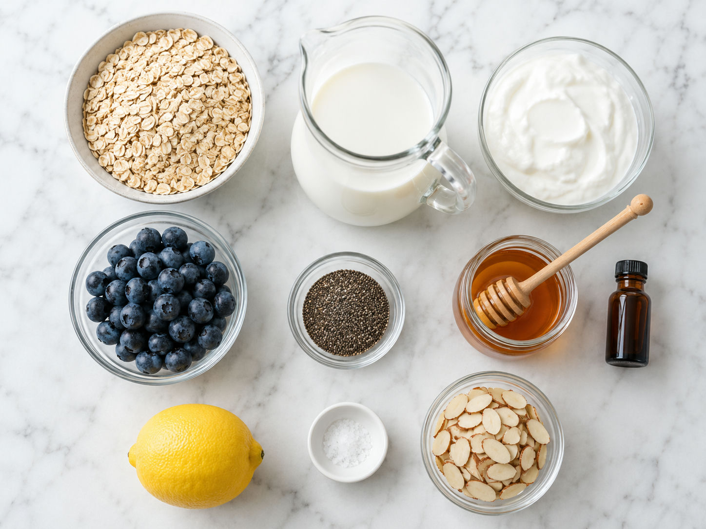 Ingredients for blueberry overnight oats with oats, yogurt, milk, and berries