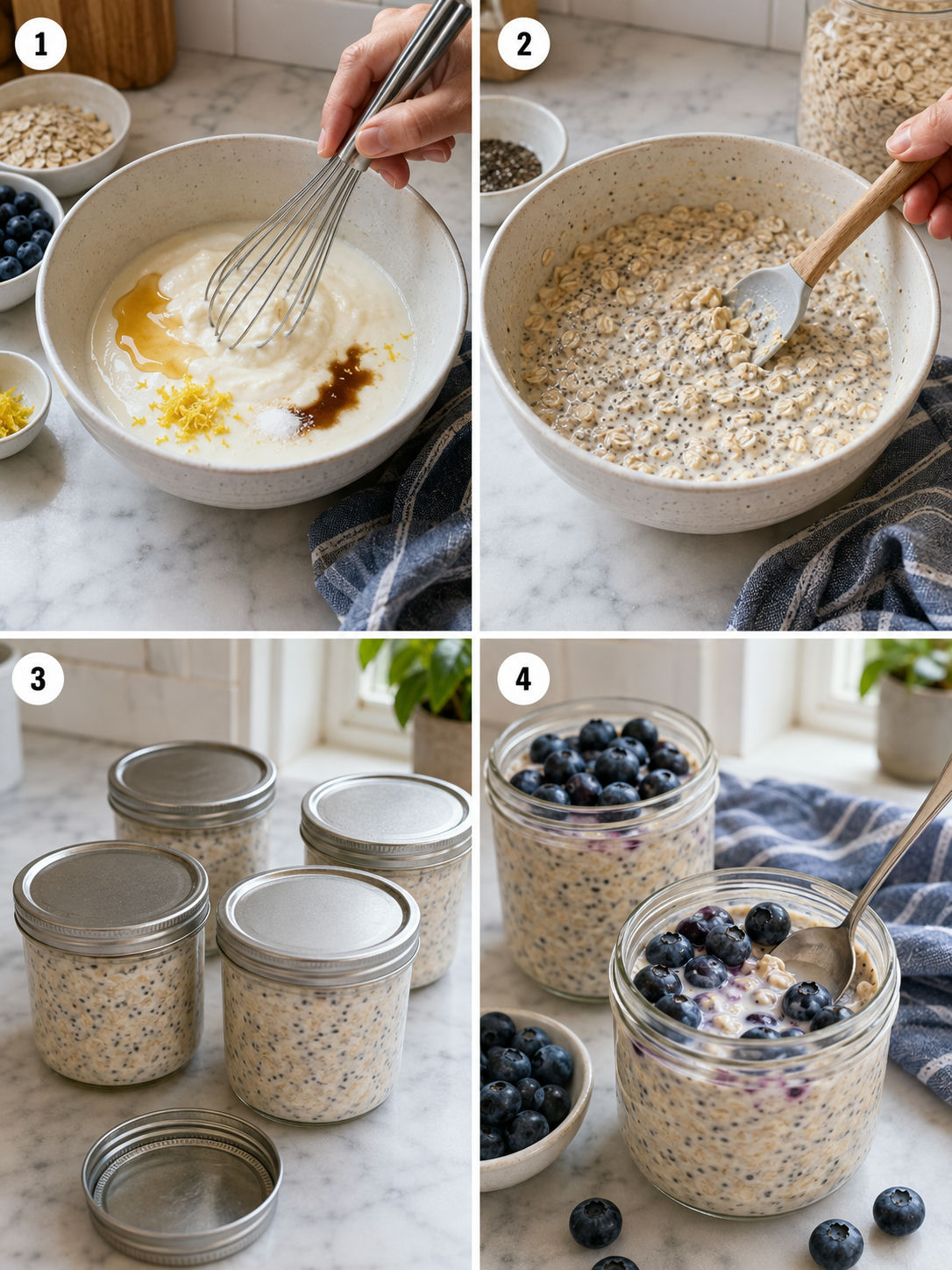 Four steps for mixing and chilling blueberry overnight oats