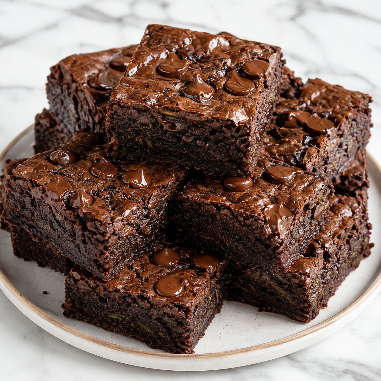 Wilgotne brownie z cukinii i czekolady pokrojone w ciemne kwadraty