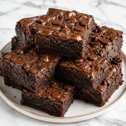 Wilgotne brownie z cukinii i czekolady pokrojone w ciemne kwadraty