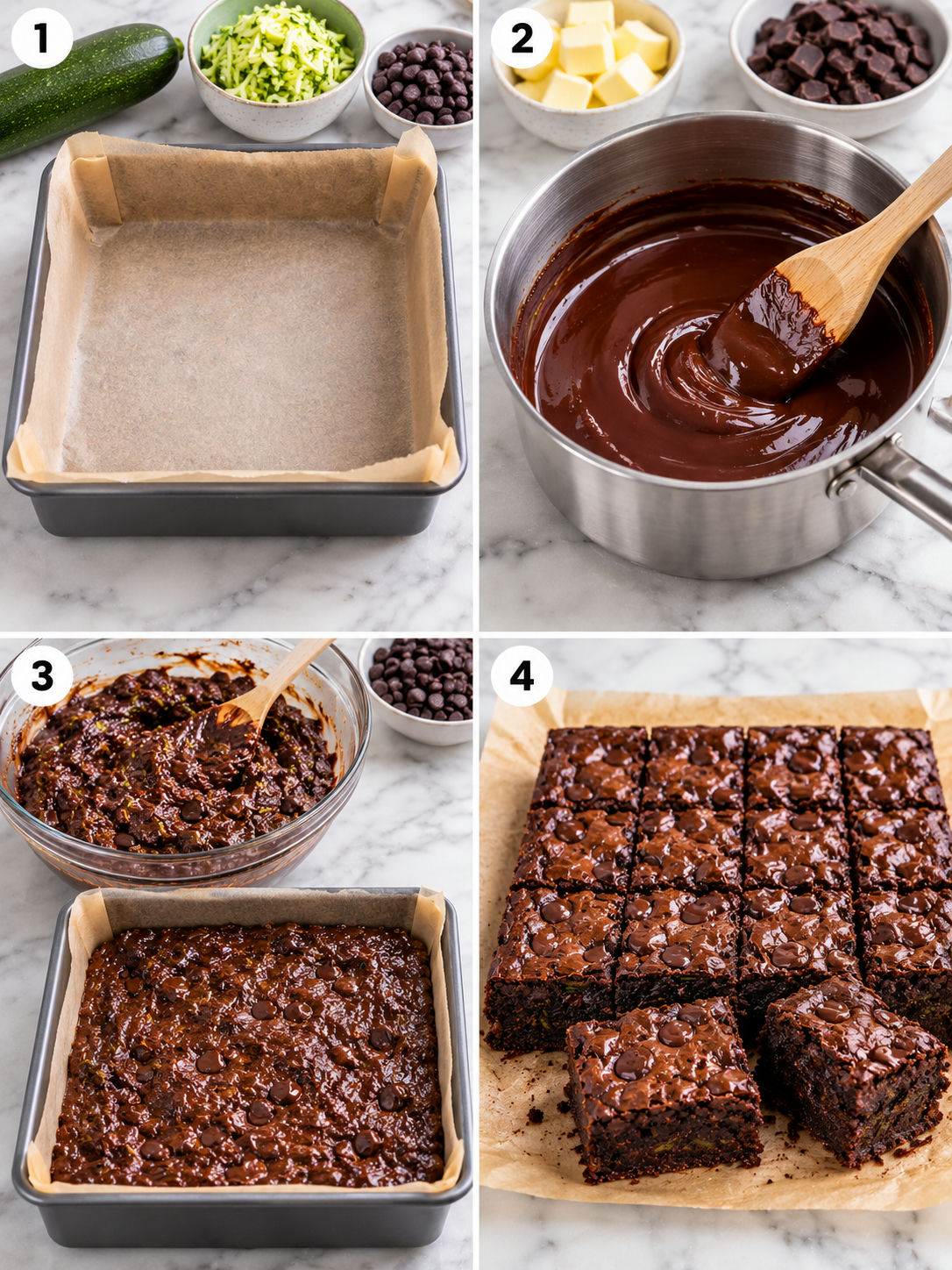Cztery etapy przygotowania brownie z cukinii od tarcia do pieczenia