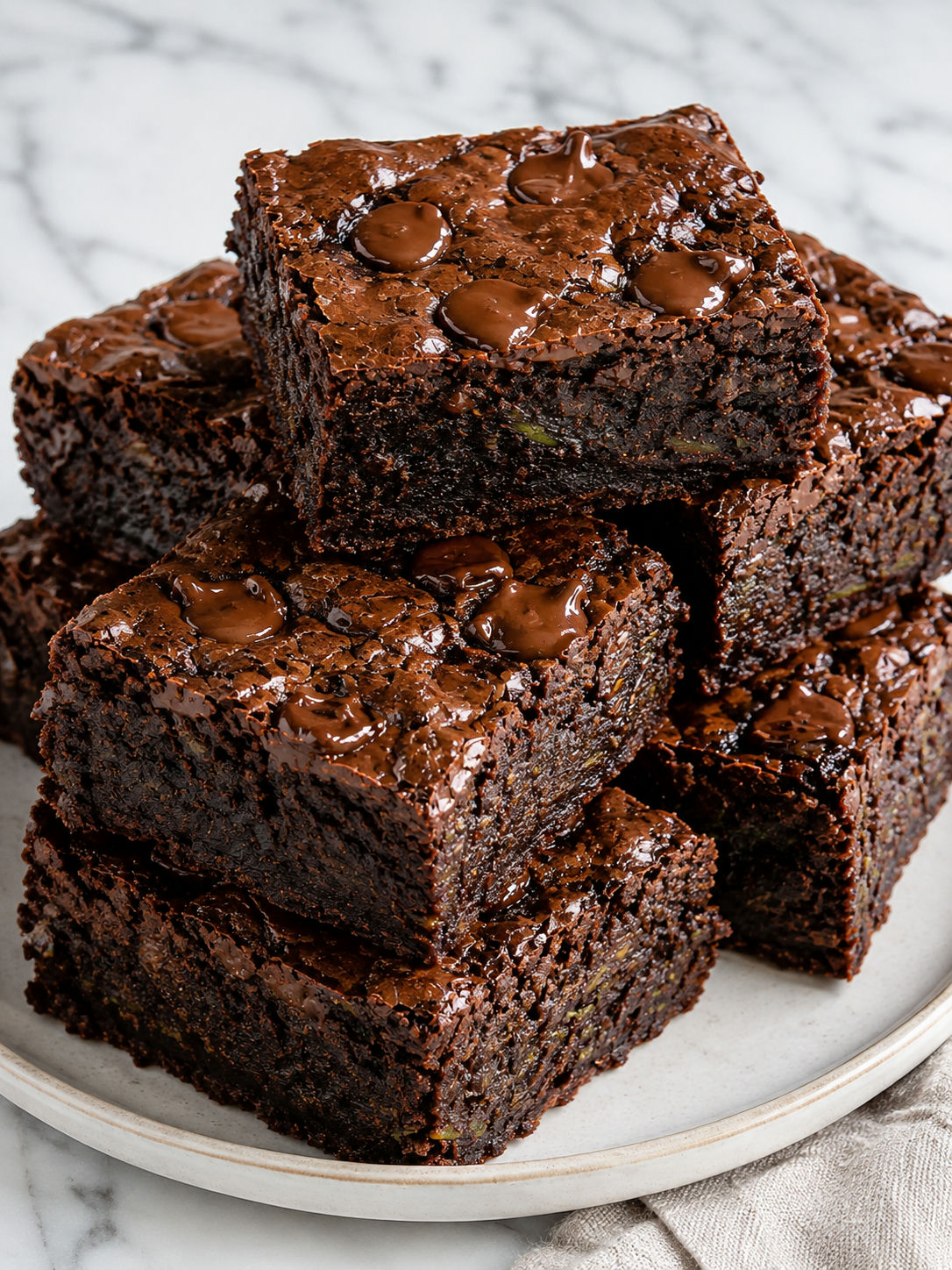 Ciemne kawałki brownie z cukinii z błyszczącymi groszkami czekolady