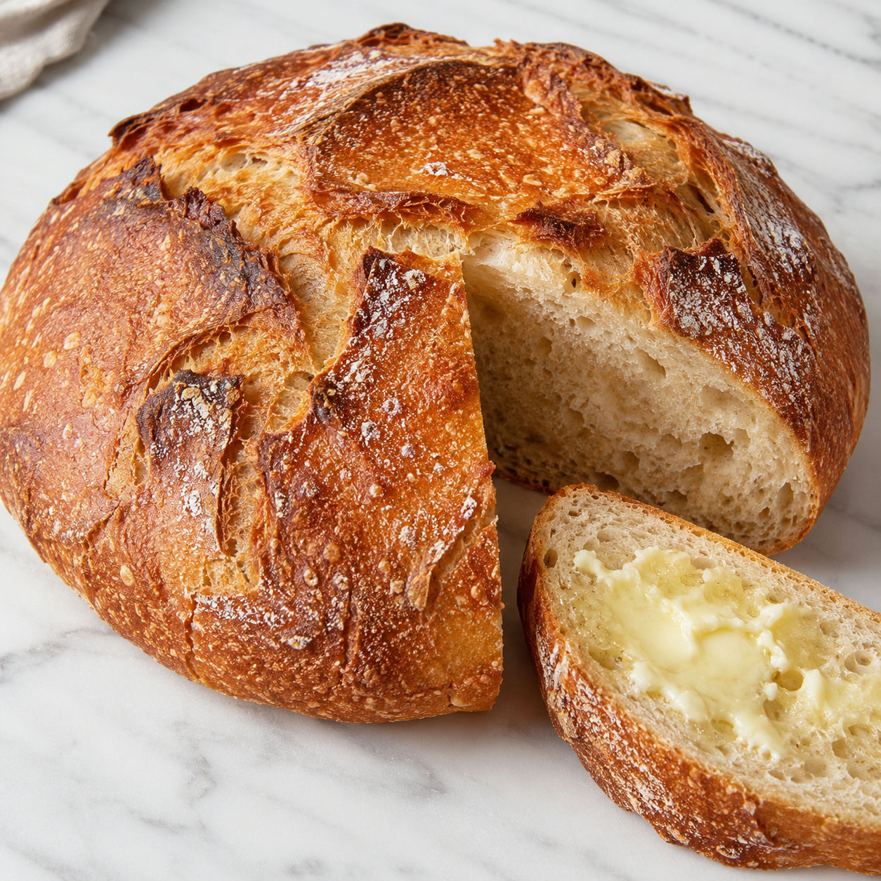 Crusty homemade bread loaf with a sliced soft crumb