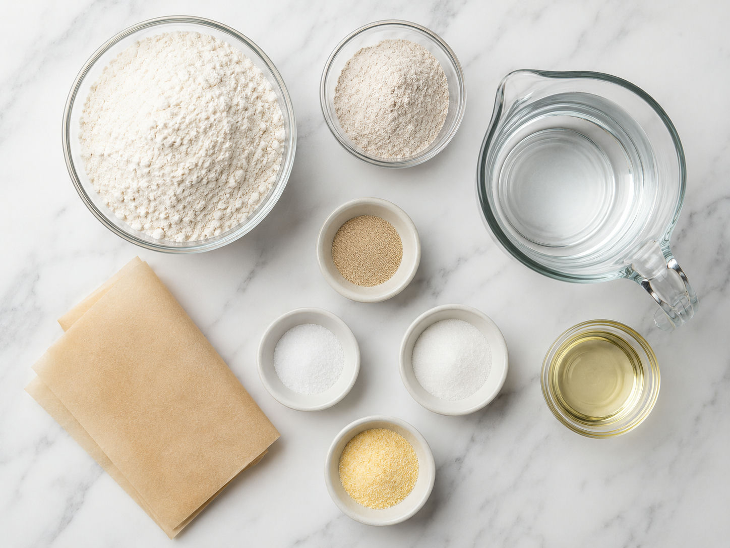 Bread flour, rye flour, yeast, salt, sugar, water, and oil for homemade bread
